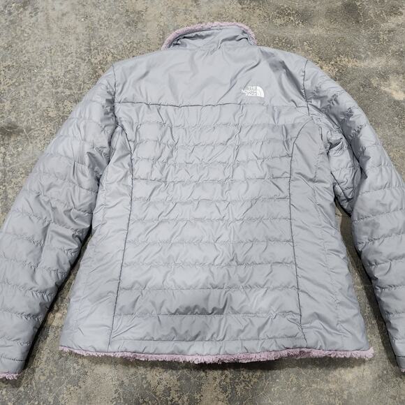 North Face Girls Mossbud Swirl Puffer Reversible Jacket XL (18) Gray Purple - Picture 9 of 12